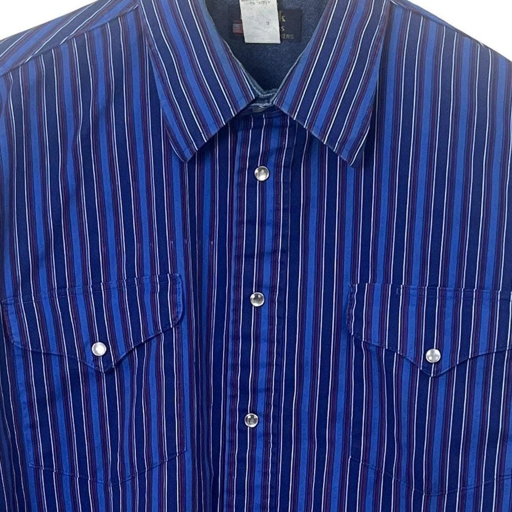VTG Ruddock Bros Blue Striped Pearl Snap‎ Long Tail Western USA Shirt 16 1/2/35